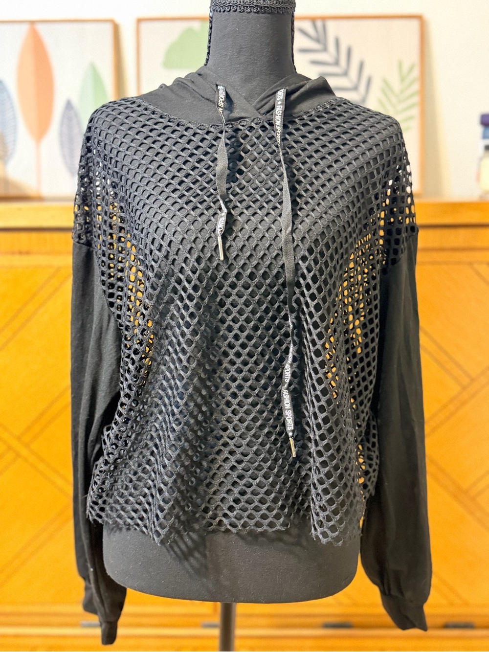SHEIN Black Fishnet Mesh Overlay Sports Hoodie Size M